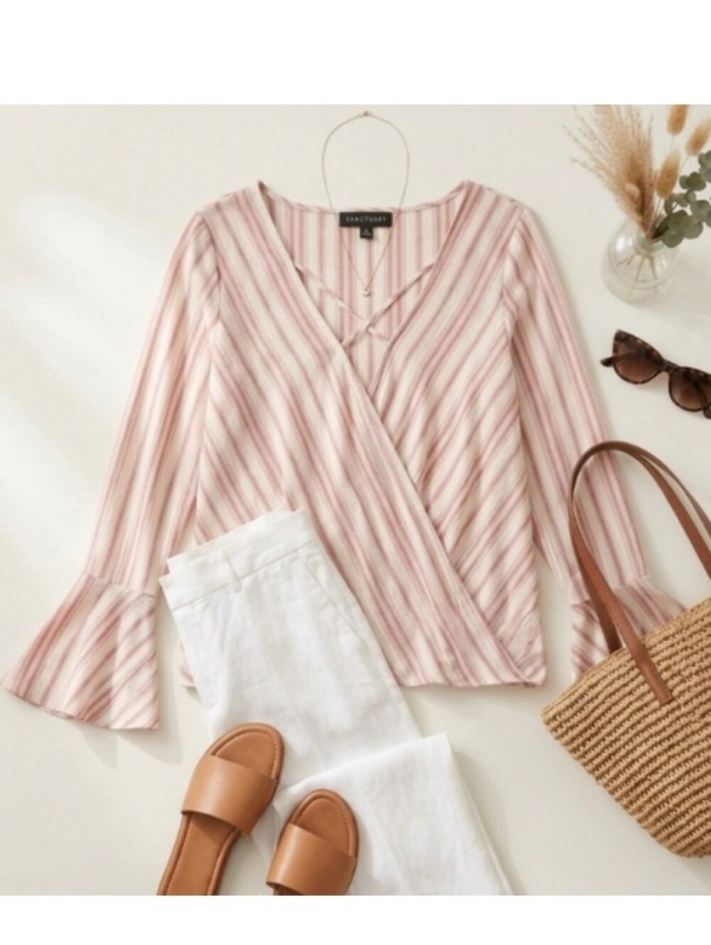 J Roberts Boho Striped Flair Sleeve Plunge Crisscross Front Swim Cover Shirt Top